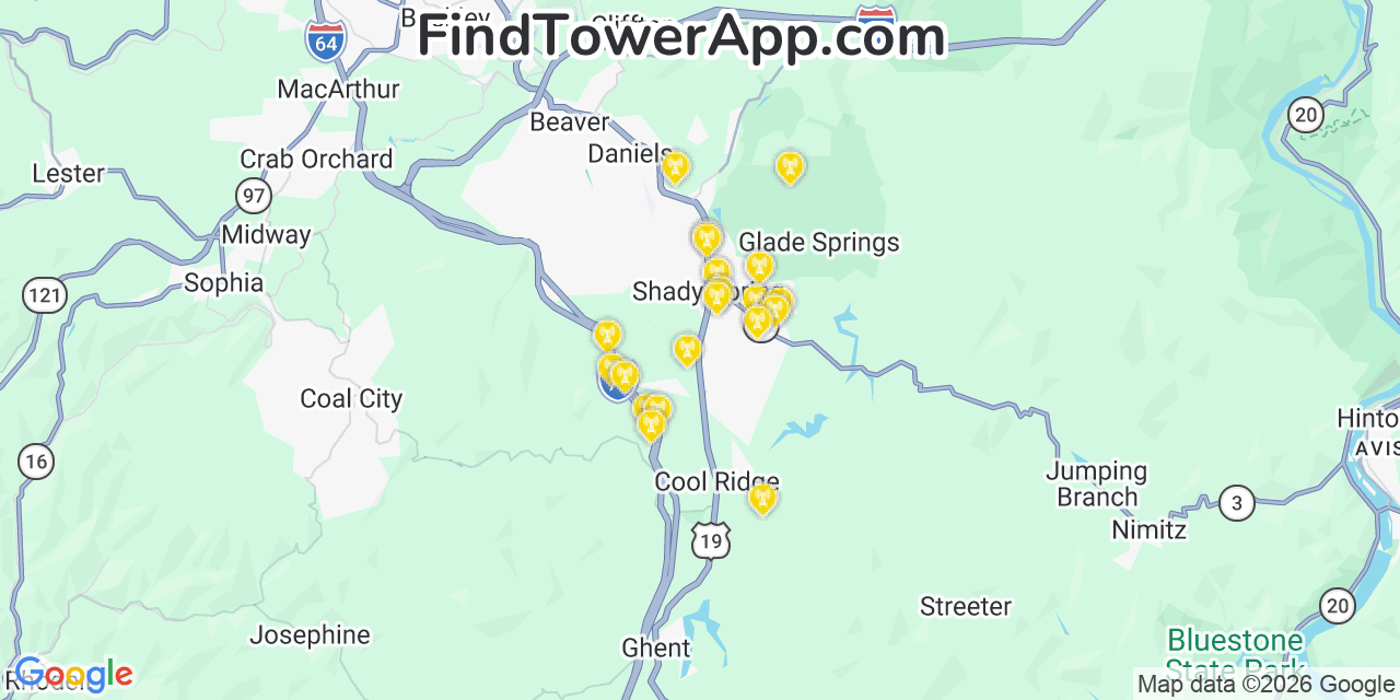 Map showing the 20 primary cell tower locations detected in Shady Spring, West Virginia from AT&T, Verizon, and T-Mobile networks