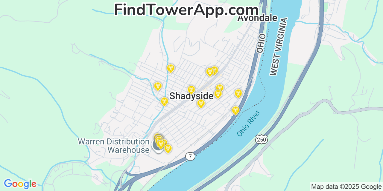 Map showing the 20 primary cell tower locations detected in Shadyside, Ohio from AT&T, Verizon, and T-Mobile networks