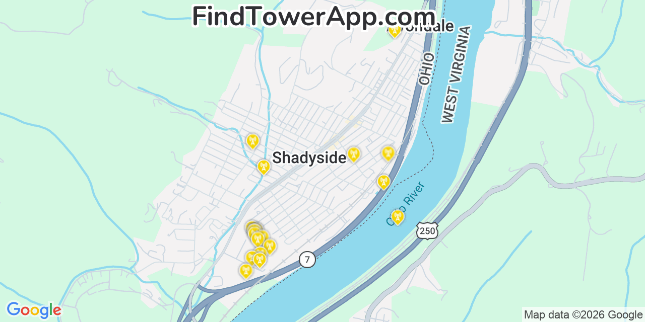 Map showing the 20 primary cell tower locations detected in Shadyside, Ohio from AT&T, Verizon, and T-Mobile networks
