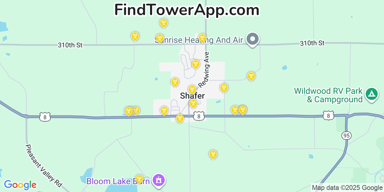 Map showing the 20 primary cell tower locations detected in Shafer, Minnesota from AT&T, Verizon, and T-Mobile networks