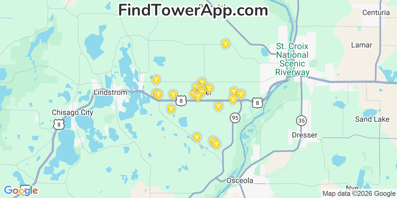 Map showing the 20 primary cell tower locations detected in Shafer, Minnesota from AT&T, Verizon, and T-Mobile networks