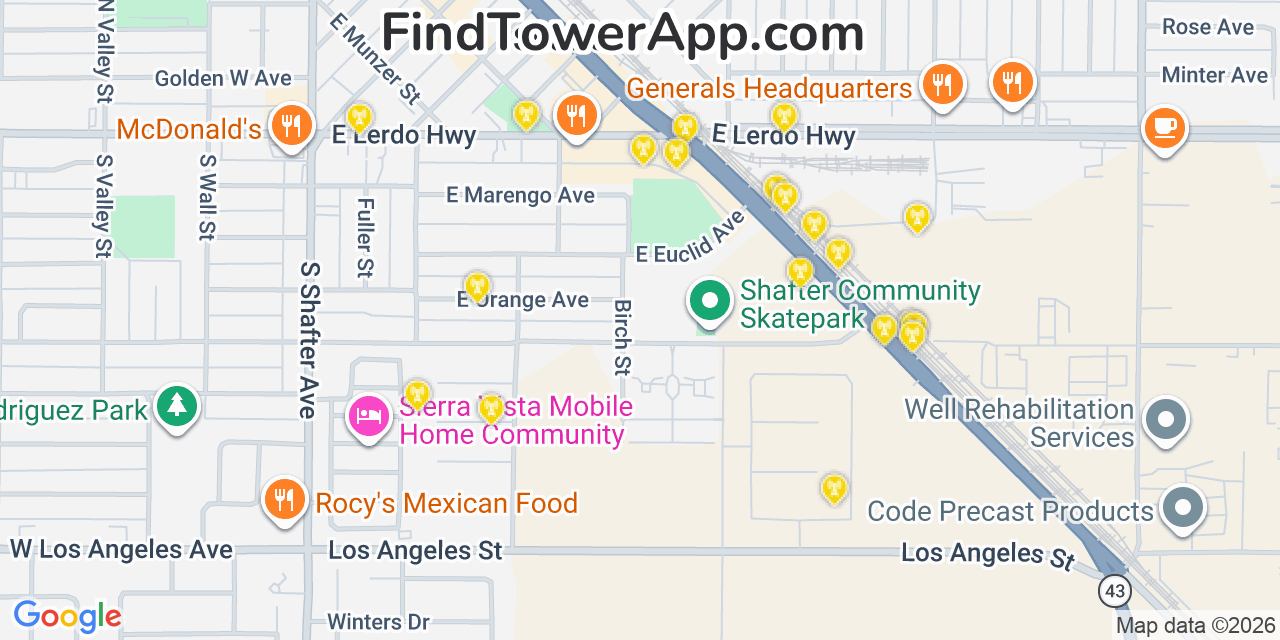 Map showing the 20 primary cell tower locations detected in Shafter, California from AT&T, Verizon, and T-Mobile networks