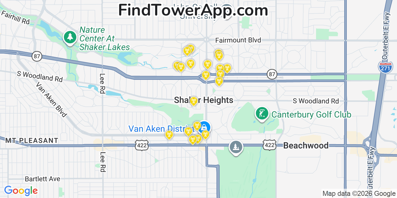 Map showing the 20 primary cell tower locations detected in Shaker Heights, Ohio from AT&T, Verizon, and T-Mobile networks