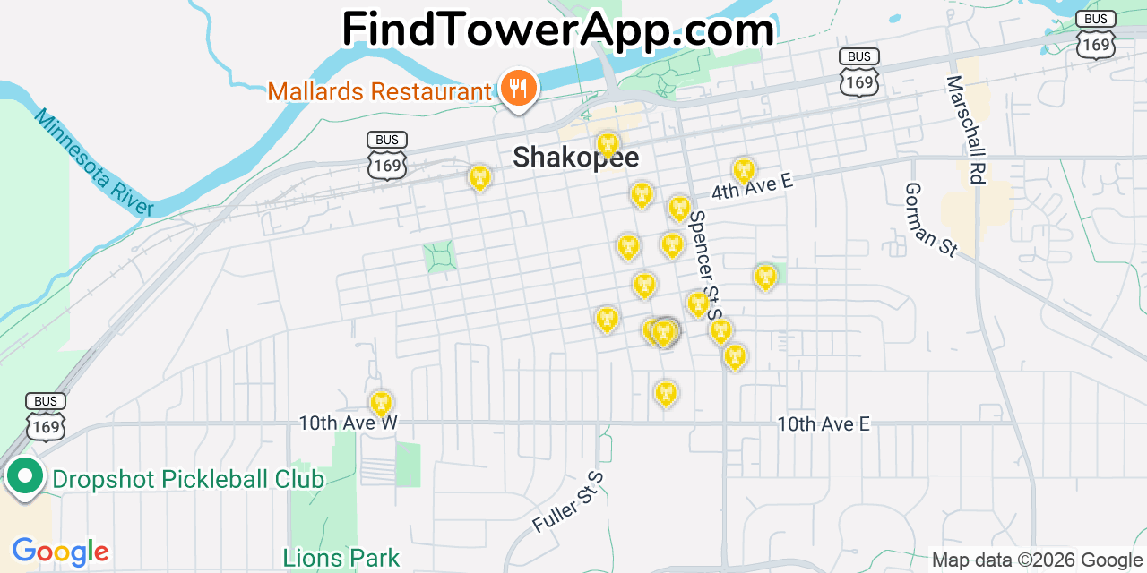 Map showing the 20 primary cell tower locations detected in Shakopee, Minnesota from AT&T, Verizon, and T-Mobile networks
