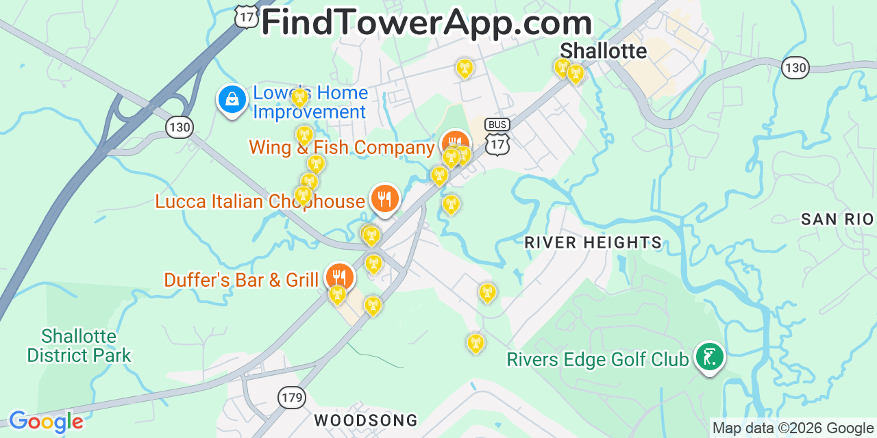 Map showing the 20 primary cell tower locations detected in Shallotte, North Carolina from AT&T, Verizon, and T-Mobile networks