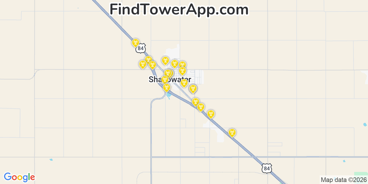 Map showing the 20 primary cell tower locations detected in Shallowater, Texas from AT&T, Verizon, and T-Mobile networks