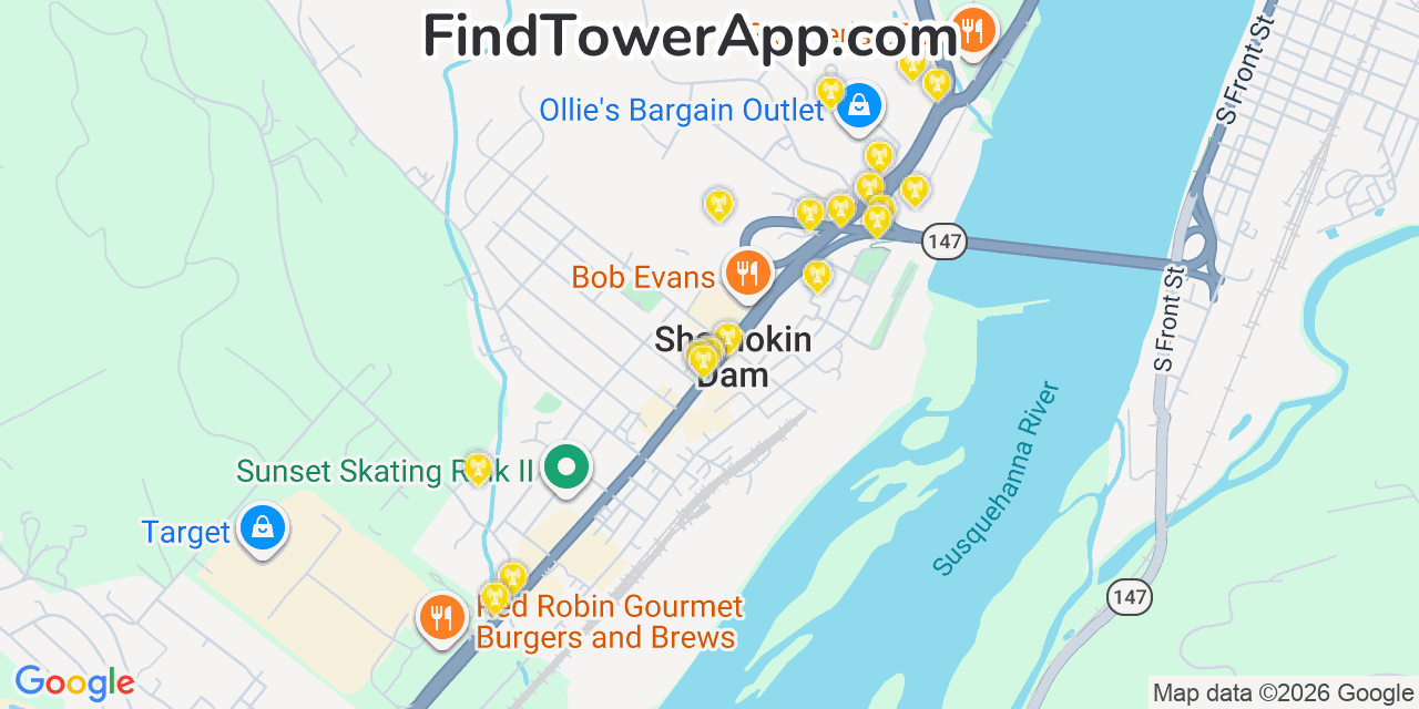 Map showing the 20 primary cell tower locations detected in Shamokin Dam, Pennsylvania from AT&T, Verizon, and T-Mobile networks