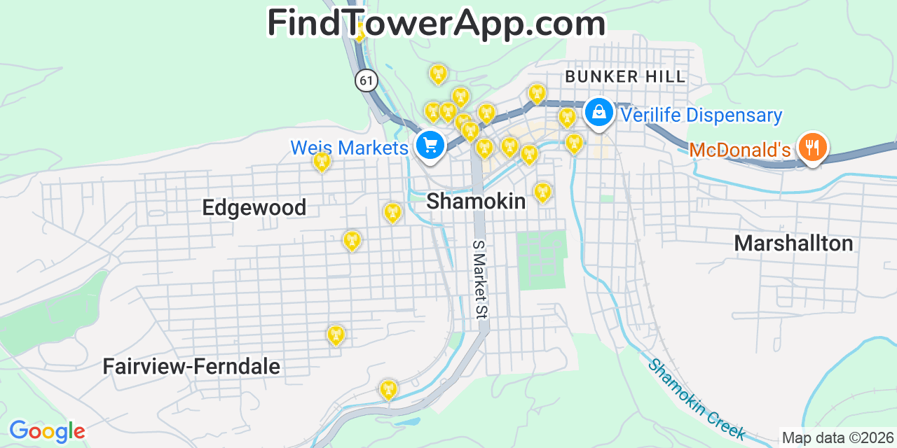 Map showing the 20 primary cell tower locations detected in Shamokin, Pennsylvania from AT&T, Verizon, and T-Mobile networks