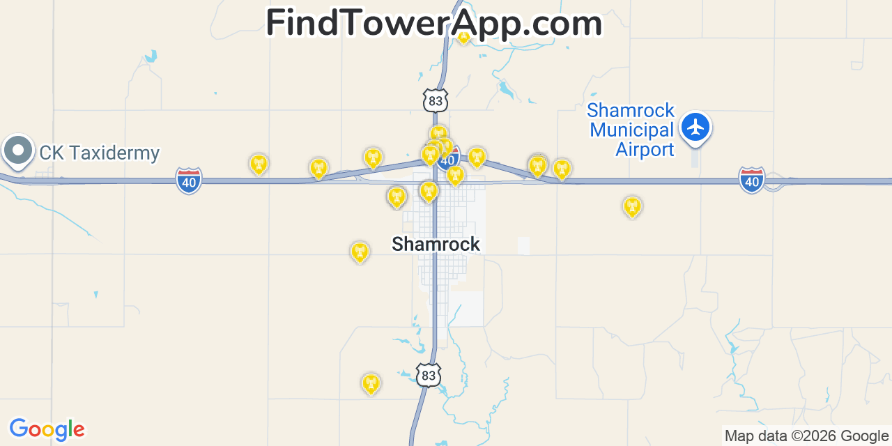 Map showing the 20 primary cell tower locations detected in Shamrock, Texas from AT&T, Verizon, and T-Mobile networks