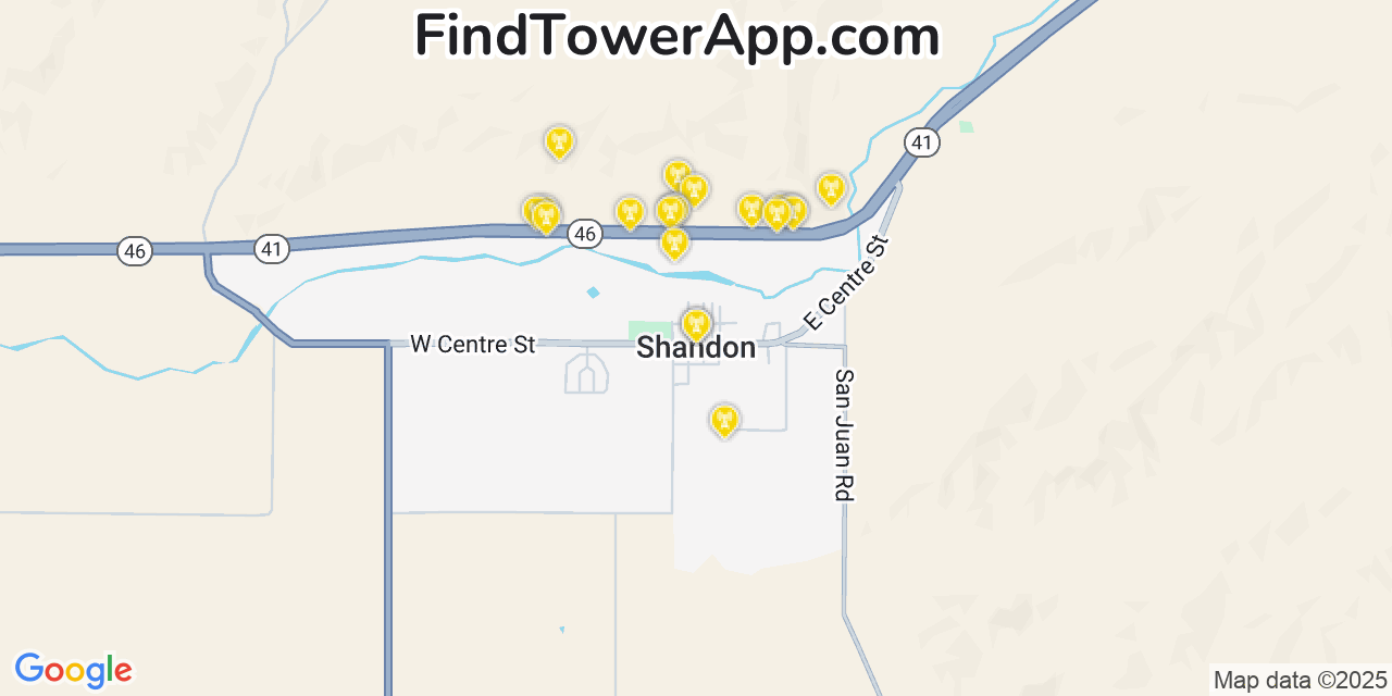 Map showing the 20 primary cell tower locations detected in Shandon, California from AT&T, Verizon, and T-Mobile networks