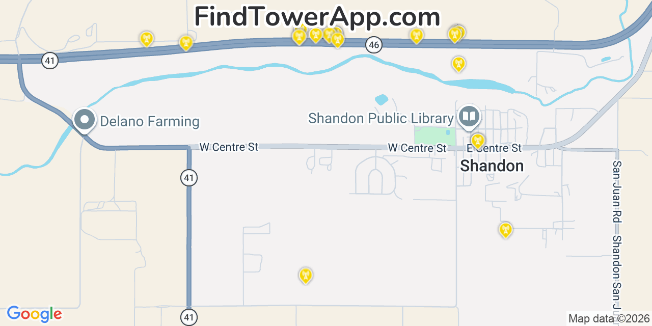 Map showing the 20 primary cell tower locations detected in Shandon, California from AT&T, Verizon, and T-Mobile networks