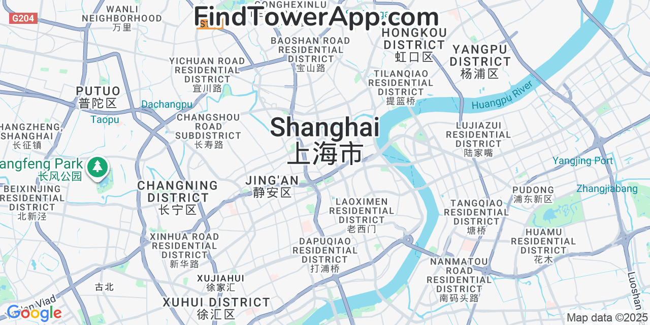 Map showing the 0 primary China-Unicom cell tower locations detected in Shanghai, China with coverage radius and signal strength indicators