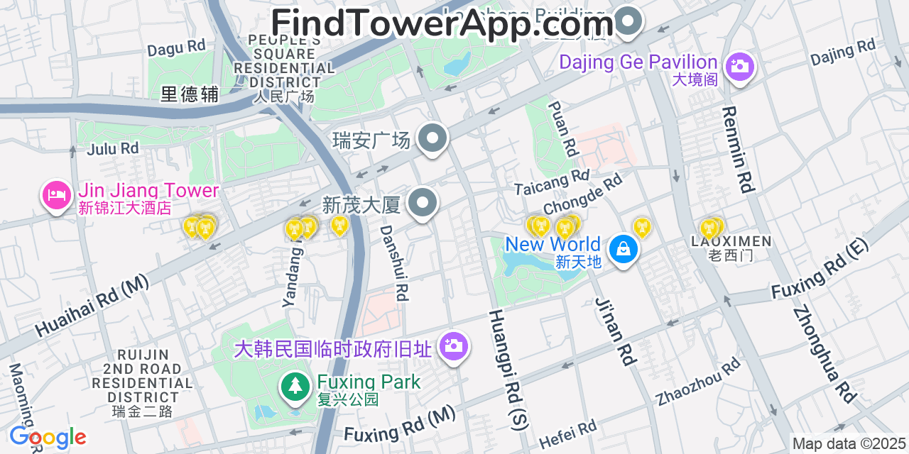 Map showing the 20 primary cell tower locations detected in Shanghai, China with coverage areas and signal strength