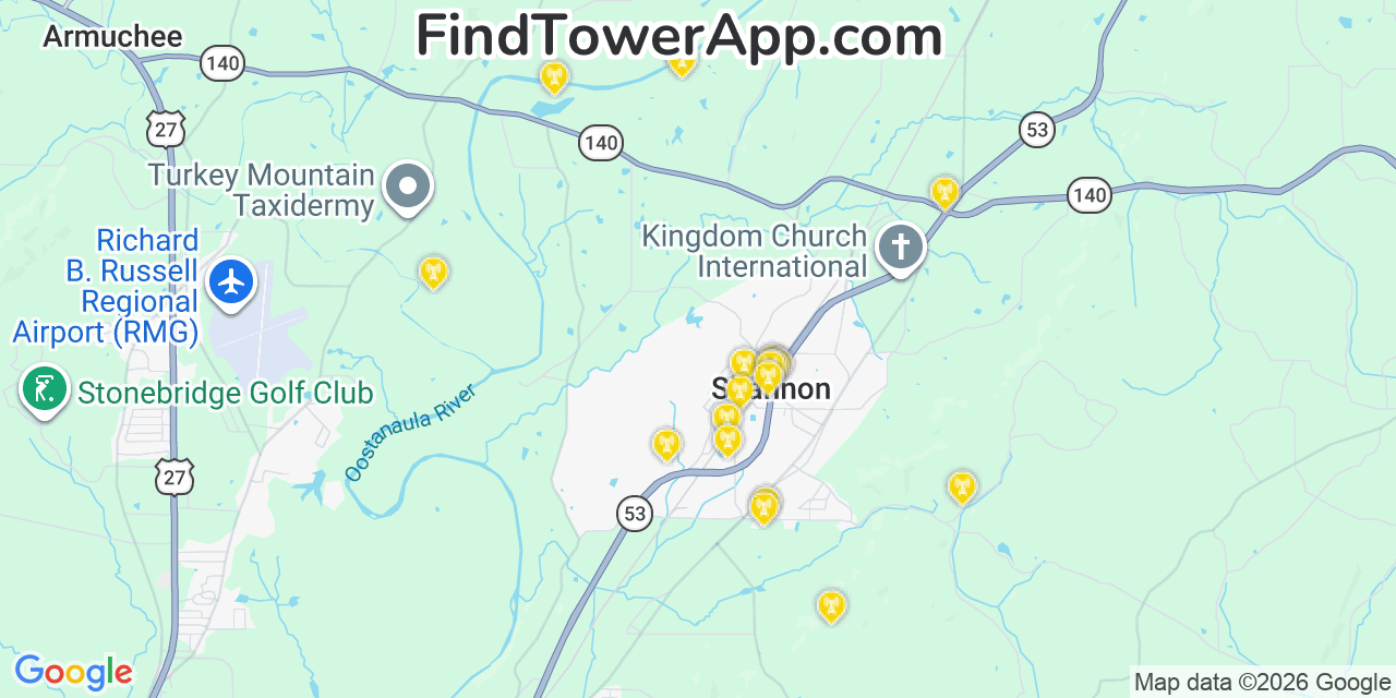 Map showing the 20 primary cell tower locations detected in Shannon, Georgia from AT&T, Verizon, and T-Mobile networks