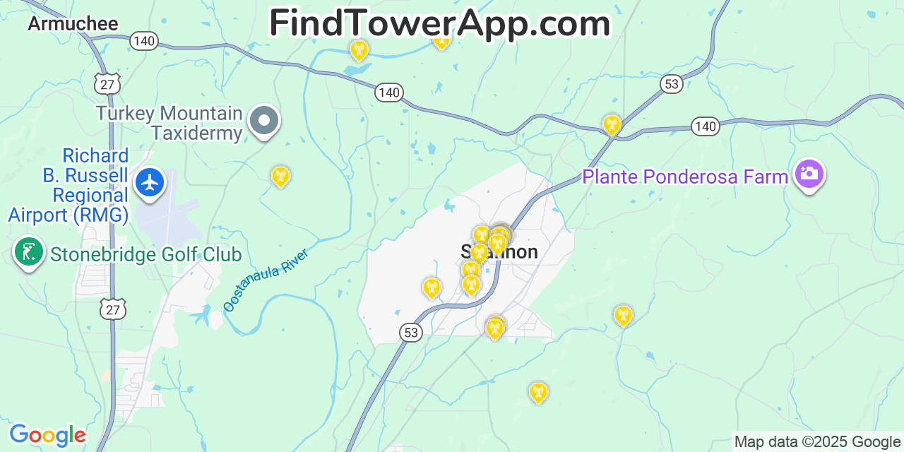 Map showing the 20 primary Mobitel cell tower locations detected in Shannon, Georgia with coverage radius and signal strength indicators