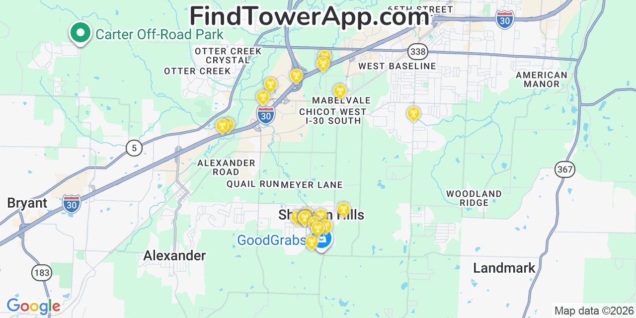 Map showing the 20 primary cell tower locations detected in Shannon Hills, Arkansas from AT&T, Verizon, and T-Mobile networks