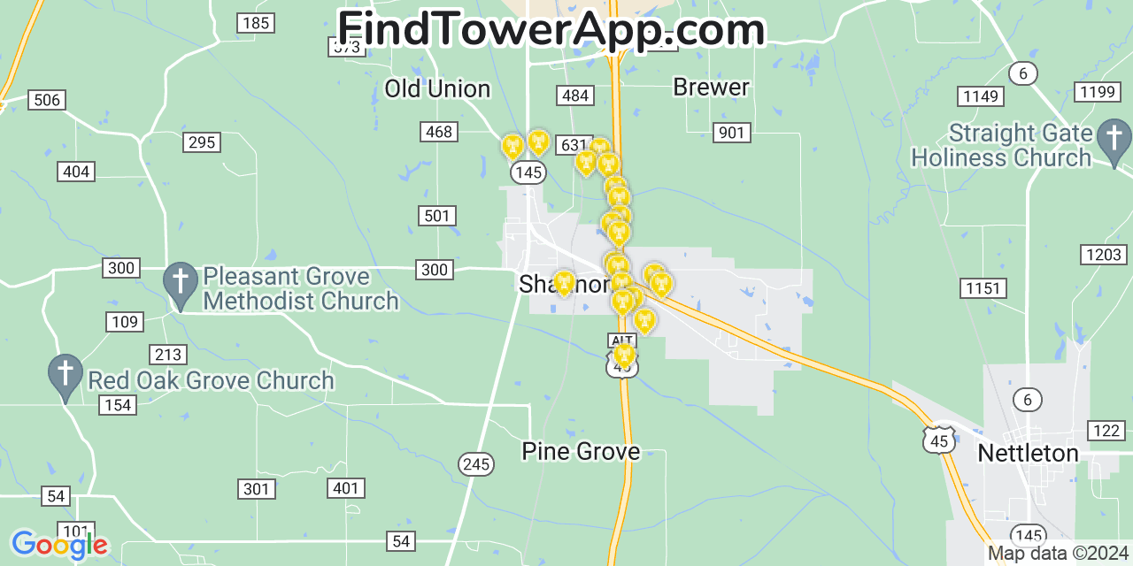 AT&T 4G/5G cell tower coverage map Shannon, Mississippi