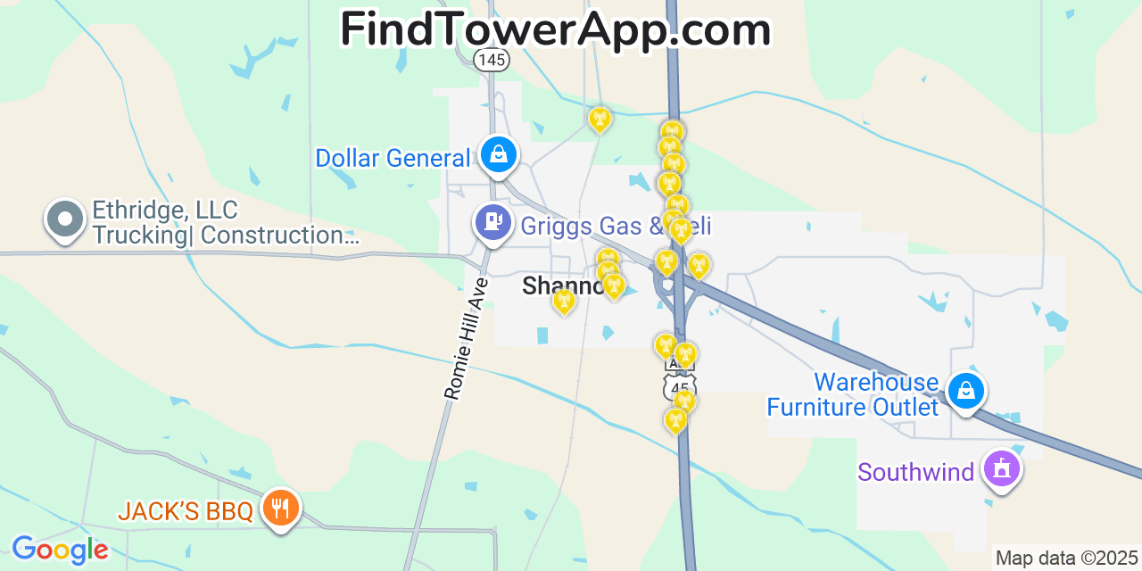 Map showing the 20 primary cell tower locations detected in Shannon, Mississippi from AT&T, Verizon, and T-Mobile networks