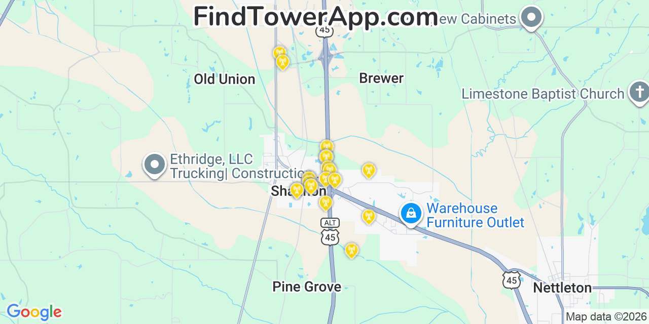 Map showing the 20 primary cell tower locations detected in Shannon, Mississippi from AT&T, Verizon, and T-Mobile networks