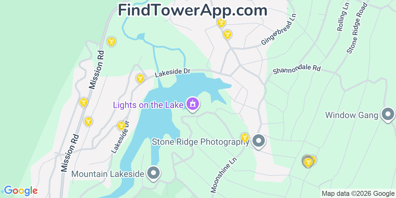 Map showing the 20 primary cell tower locations detected in Shannondale, West Virginia from AT&T, Verizon, and T-Mobile networks