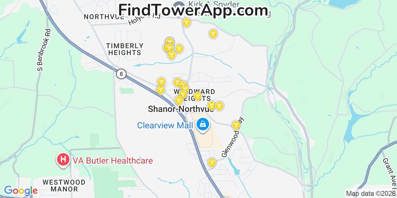 Map showing the 20 primary cell tower locations detected in Shanor Northvue, Pennsylvania from AT&T, Verizon, and T-Mobile networks