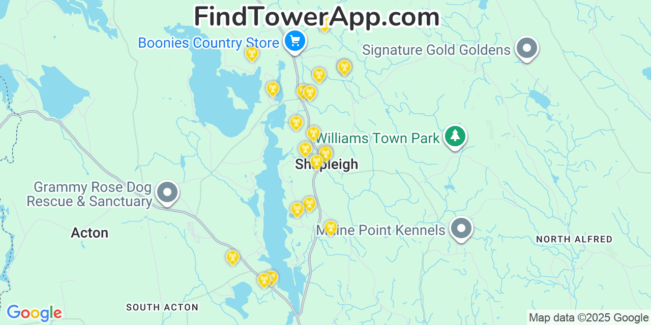 Map showing the 20 primary cell tower locations detected in Shapleigh, Maine from AT&T, Verizon, and T-Mobile networks