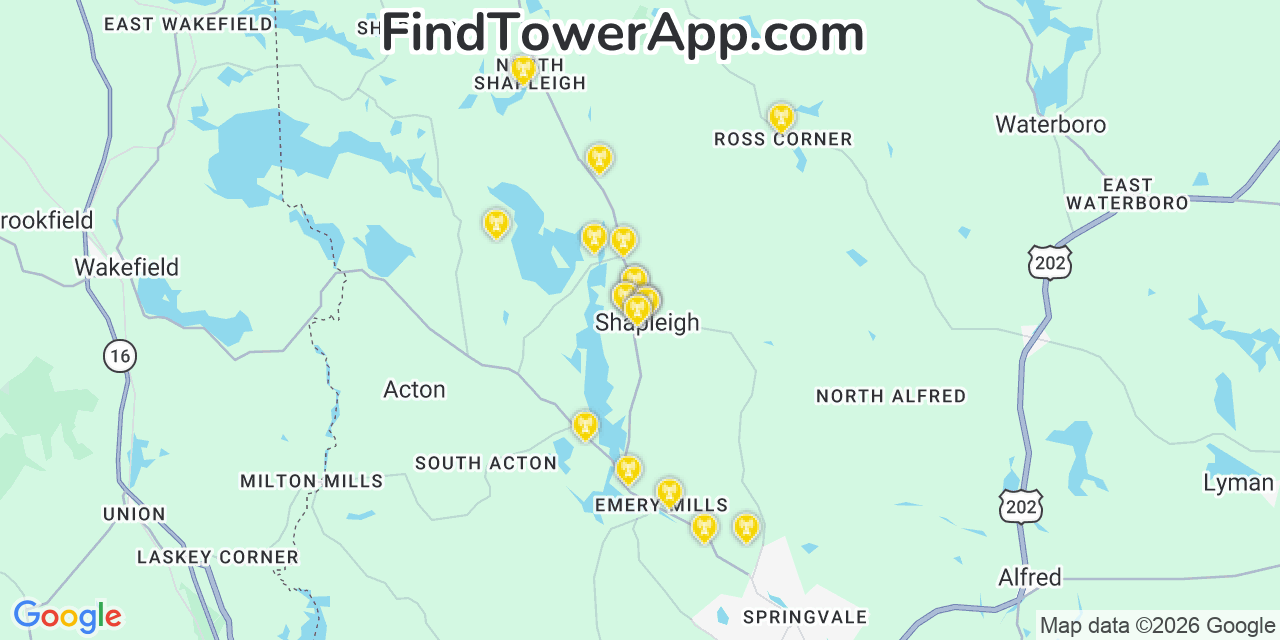 Map showing the 20 primary cell tower locations detected in Shapleigh, Maine from AT&T, Verizon, and T-Mobile networks
