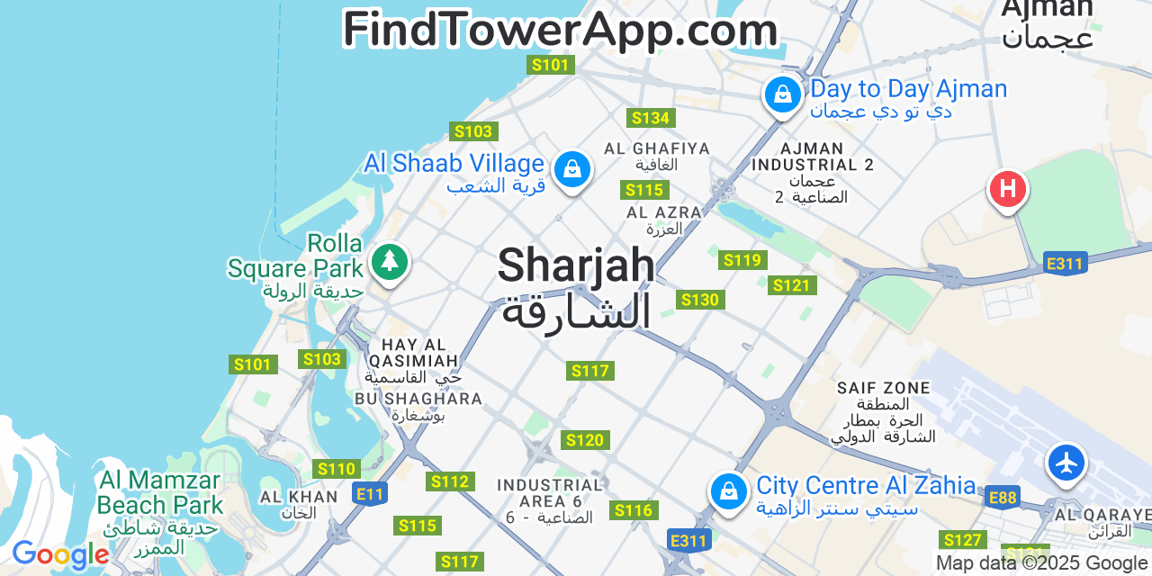 Map showing the 0 primary Etisalat cell tower locations detected in Sharjah, United Arab Emirates with coverage radius and signal strength indicators