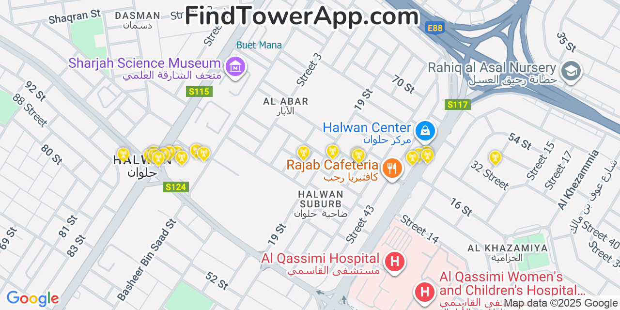 Map showing the 20 primary cell tower locations detected in Sharjah, United Arab Emirates with coverage areas and signal strength