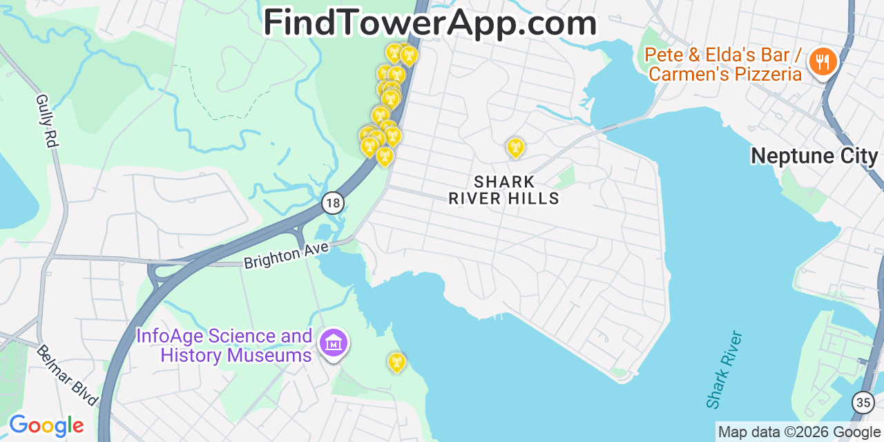 Map showing the 20 primary cell tower locations detected in Shark River Hills, New Jersey from AT&T, Verizon, and T-Mobile networks