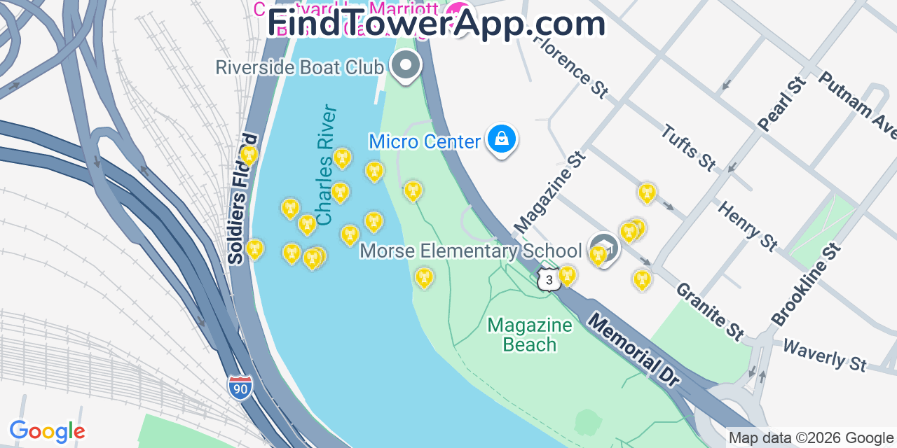 Map showing the 20 primary AT&T cell tower locations detected in Sharo, Massachusetts with coverage radius and signal strength indicators
