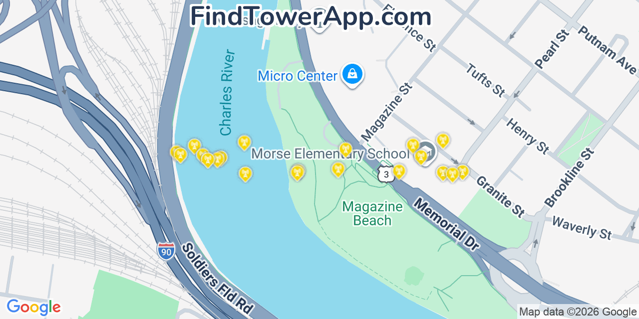 Map showing the 20 primary cell tower locations detected in Sharo, Massachusetts from AT&T, Verizon, and T-Mobile networks