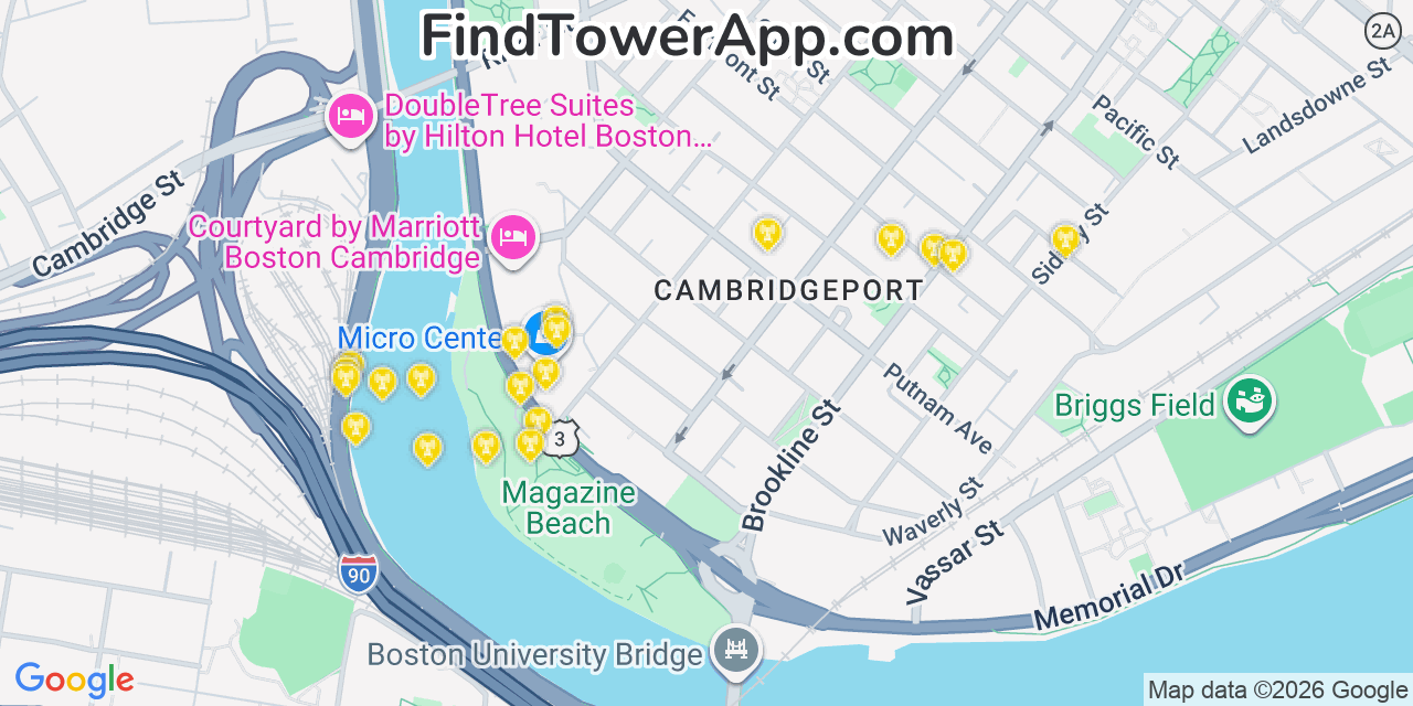 Map showing the 20 primary T-Mobile cell tower locations detected in Sharo, Massachusetts with coverage radius and signal strength indicators