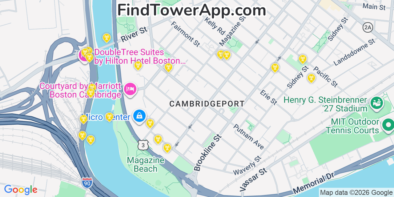 Map showing the 20 primary Verizon cell tower locations detected in Sharo, Massachusetts with coverage radius and signal strength indicators