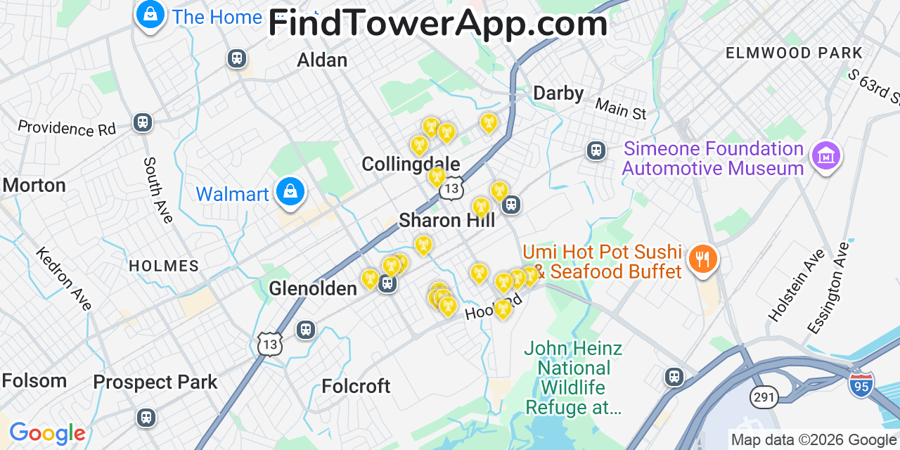 Map showing the 20 primary cell tower locations detected in Sharon Hill, Pennsylvania from AT&T, Verizon, and T-Mobile networks