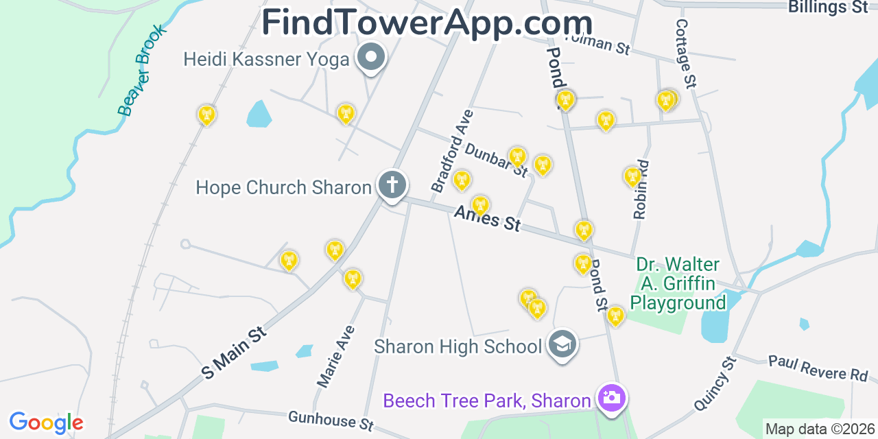 Map showing the 20 primary cell tower locations detected in Sharon, Massachusetts from AT&T, Verizon, and T-Mobile networks
