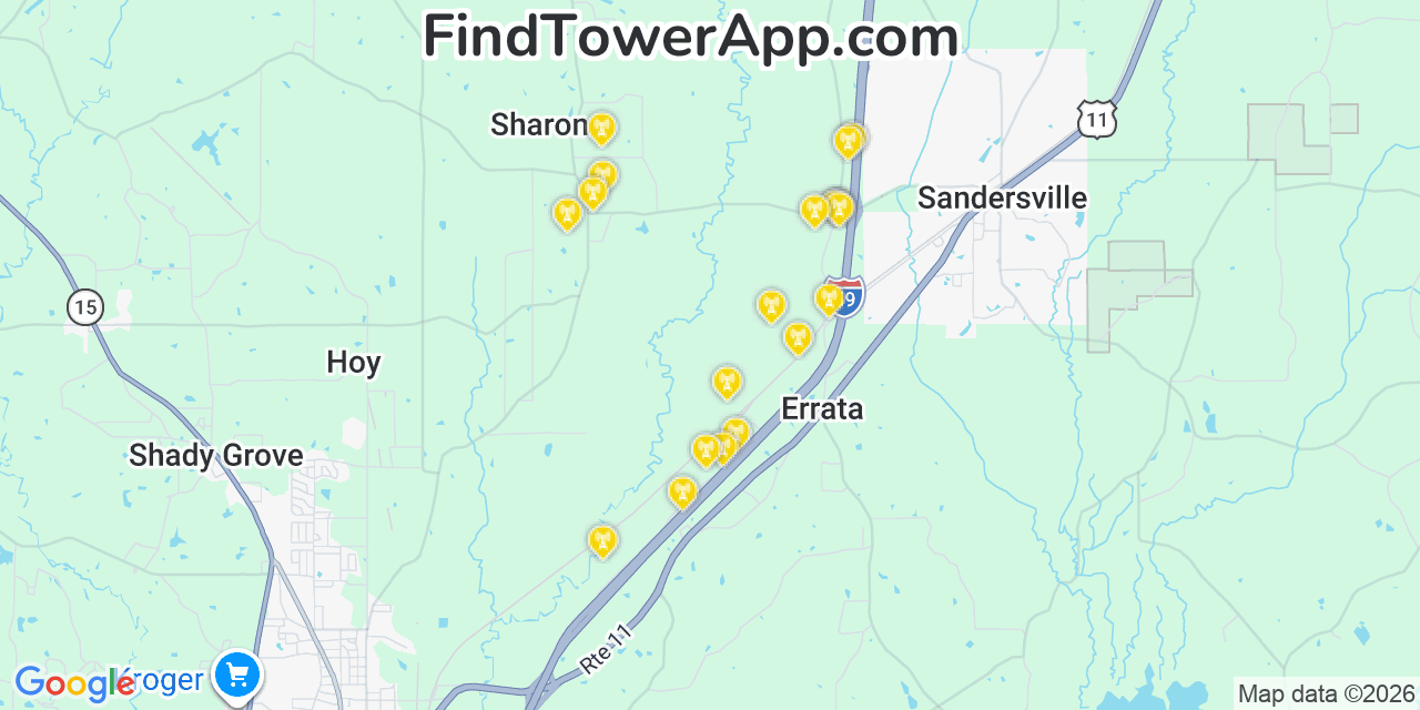 Map showing the 20 primary cell tower locations detected in Sharon, Mississippi from AT&T, Verizon, and T-Mobile networks