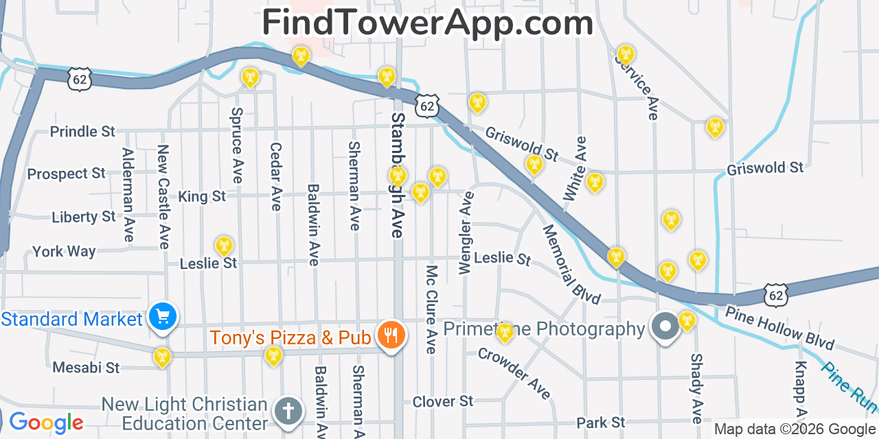 Map showing the 20 primary cell tower locations detected in Sharon, Pennsylvania from AT&T, Verizon, and T-Mobile networks