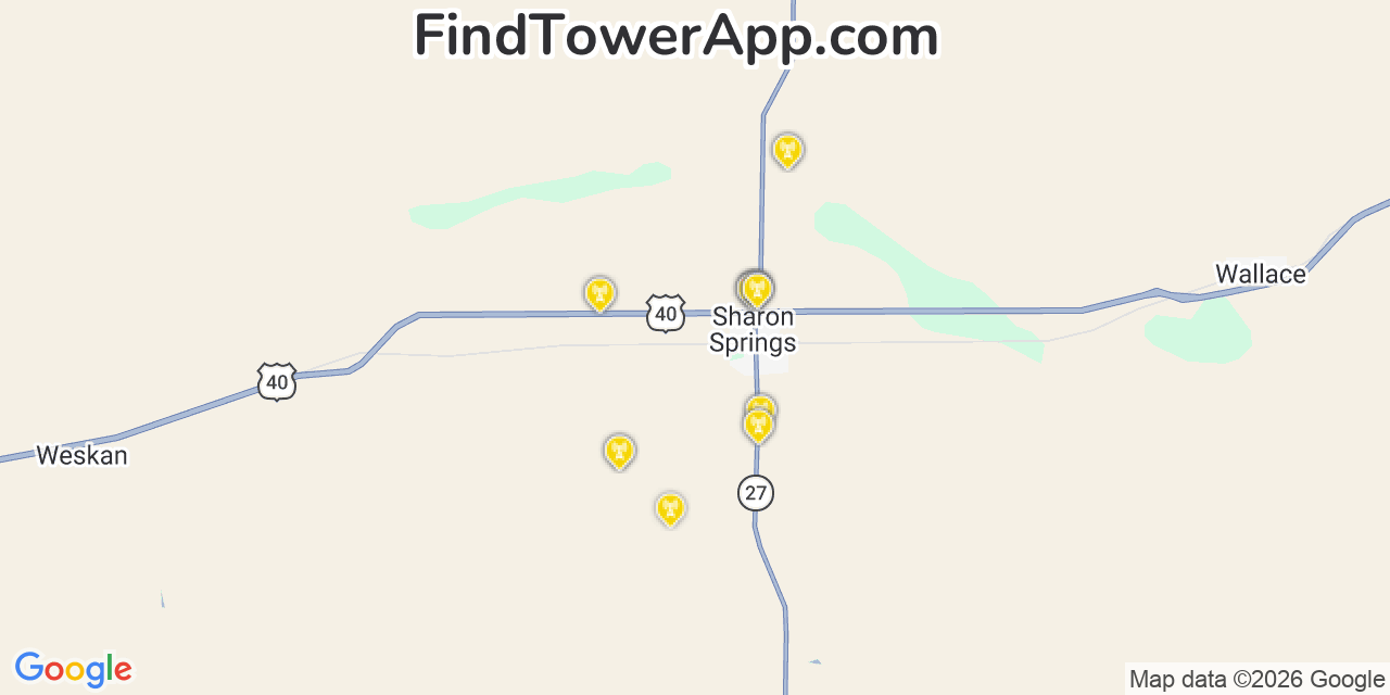 Map showing the 20 primary cell tower locations detected in Sharon Springs, Kansas from AT&T, Verizon, and T-Mobile networks