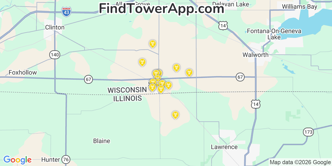 Map showing the 20 primary cell tower locations detected in Sharon, Wisconsin from AT&T, Verizon, and T-Mobile networks