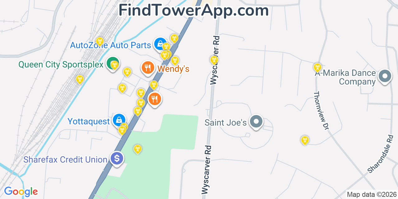 Map showing the 20 primary cell tower locations detected in Sharonville, Ohio from AT&T, Verizon, and T-Mobile networks