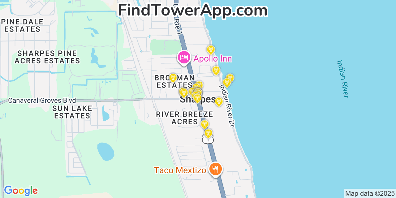 Map showing the 20 primary cell tower locations detected in Sharpes, Florida from AT&T, Verizon, and T-Mobile networks