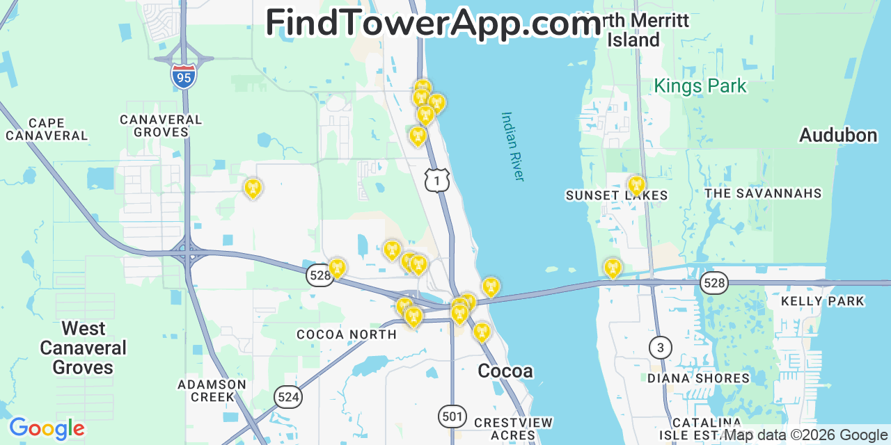 Map showing the 20 primary cell tower locations detected in Sharpes, Florida from AT&T, Verizon, and T-Mobile networks