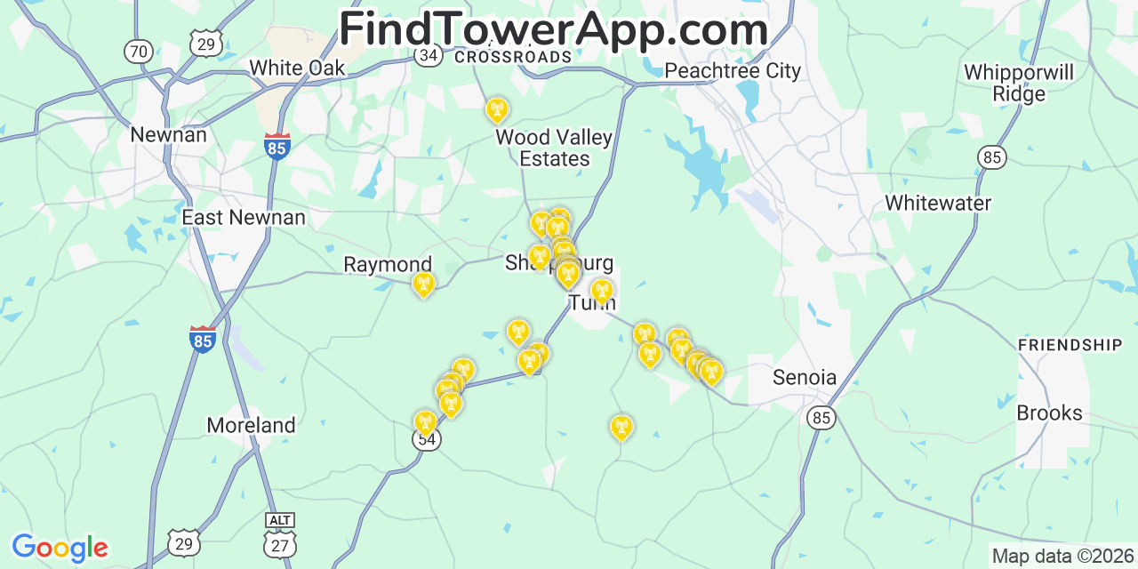 Map showing the 30 primary AT&T cell tower locations detected in Sharpsburg, Georgia with coverage radius and signal strength indicators