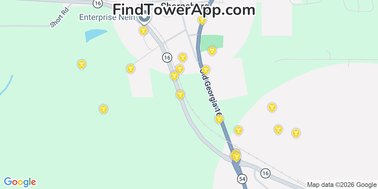 Map showing the 20 primary cell tower locations detected in Sharpsburg, Georgia from AT&T, Verizon, and T-Mobile networks