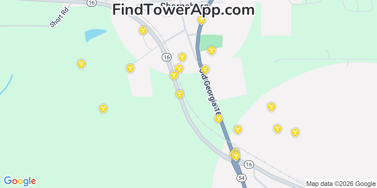 Map showing the 20 primary Mobitel cell tower locations detected in Sharpsburg, Georgia with coverage radius and signal strength indicators