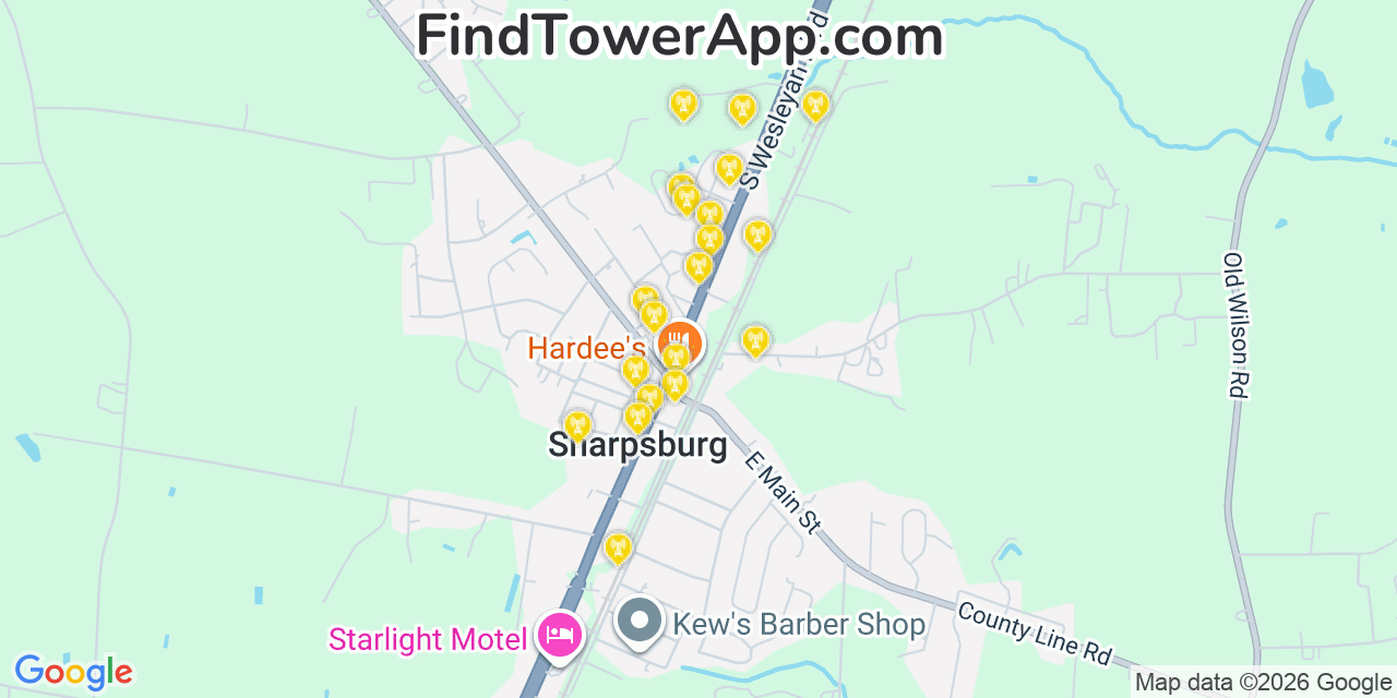 Map showing the 20 primary cell tower locations detected in Sharpsburg, North Carolina from AT&T, Verizon, and T-Mobile networks