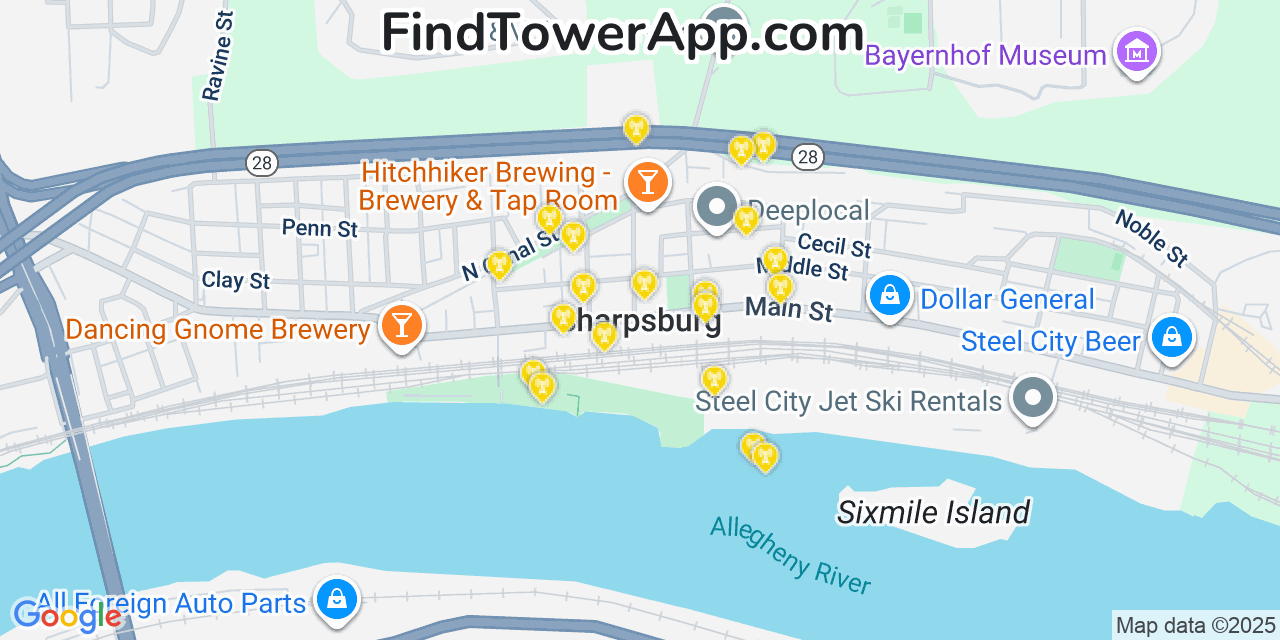 Map showing the 20 primary cell tower locations detected in Sharpsburg, Pennsylvania from AT&T, Verizon, and T-Mobile networks