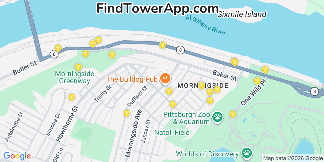 Map showing the 20 primary cell tower locations detected in Sharpsburg, Pennsylvania from AT&T, Verizon, and T-Mobile networks