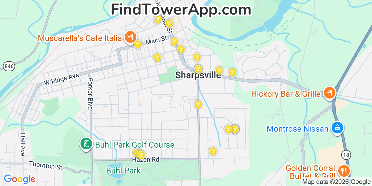 Map showing the 20 primary cell tower locations detected in Sharpsville, Pennsylvania from AT&T, Verizon, and T-Mobile networks